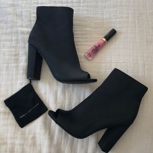 Black Peep Toe Booties, Nylon Size 7 Chunky Heel